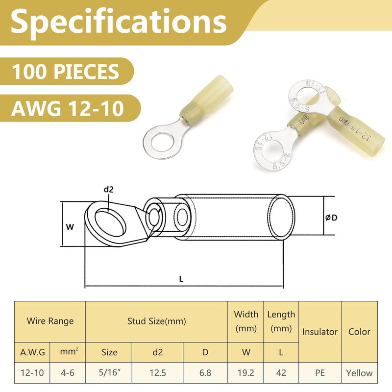 PRECIHW 100 PCS 5/16'' Heat Shrink Ring Terminals (12-10 AWG), Insulated Ring Terminals, Nylon Eyelet Wire Connectors, Insulated Crimp Electrical Connectors, Marine Grade Ring Terminals for Automotive, Audio - Image 2